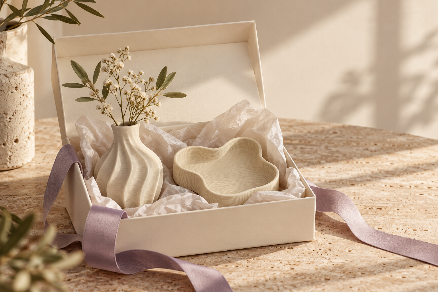 Confezione regalo con piccolo vaso e vassoio illustrativi